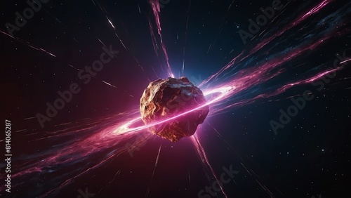 An asteroid hurtling through space on a collision course with Earth.A  pulsar star rotating at very high speed, scary and ominous, asteroids.