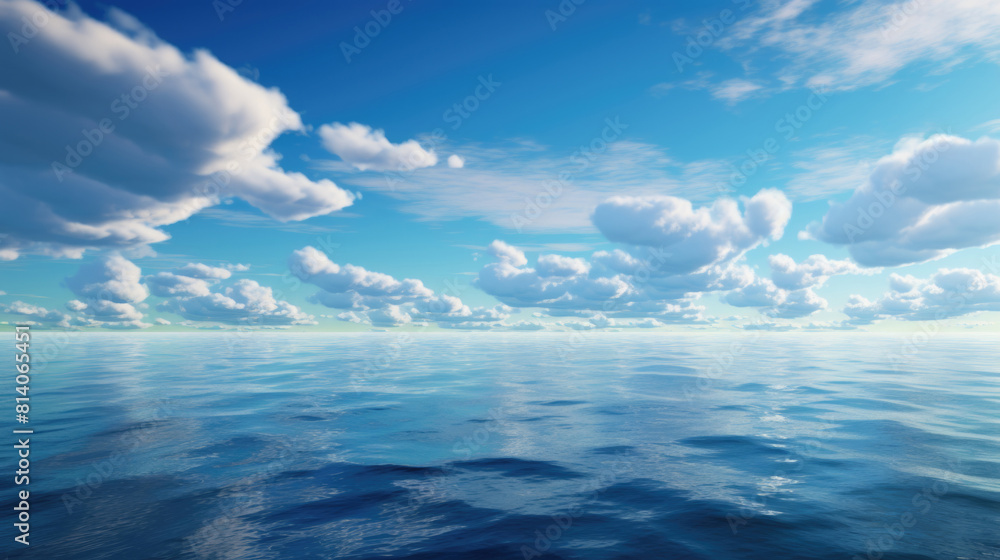 Vast ocean under vibrant blue sky with fluffy clouds, natural background, copy space Vast ocean under vibrant blue sky with fluffy clouds, natural background, copy space