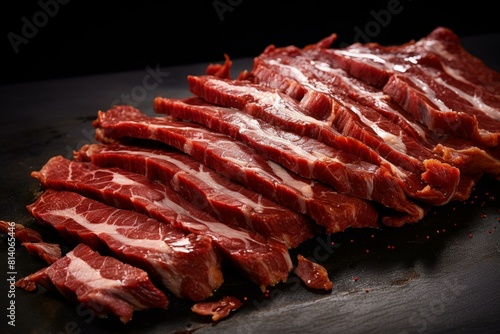 Fresh raw beef cuts ready for cooking, displayed on a dark surface with seasoning
