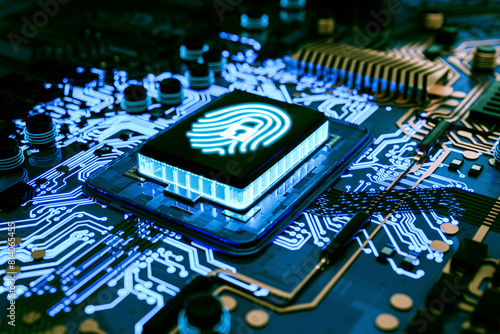 3D illustration. Fingerprint and security padlock on circuit board motherboard.