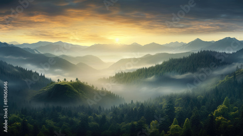 Breathtaking view of vibrant sunrise or sunset over rugged mountain peaks with clouds © dvoevnore