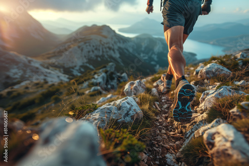 An athlete dashes along a mountain trail, surrounded by stunning scenery, epitomizing adventure and endurance photo