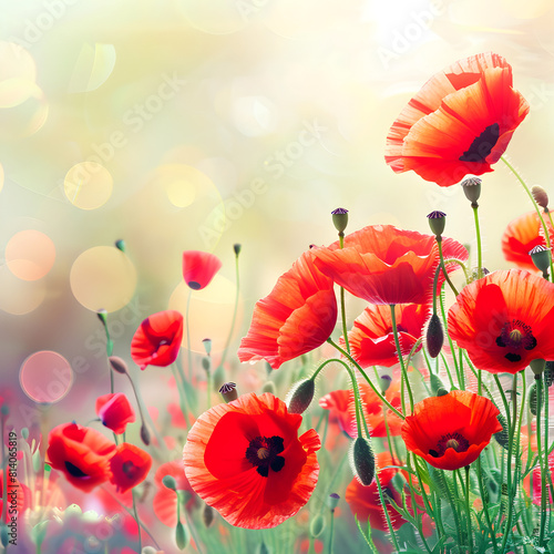 A vibrant field of red poppy flowers  symbolizing remembrance and honoring veterans. Suitable for memorial events and floral decorations.