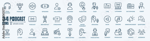 Podcast,broadcast and stream line icon set. Outline editable icons collection. Simple vector illustration.