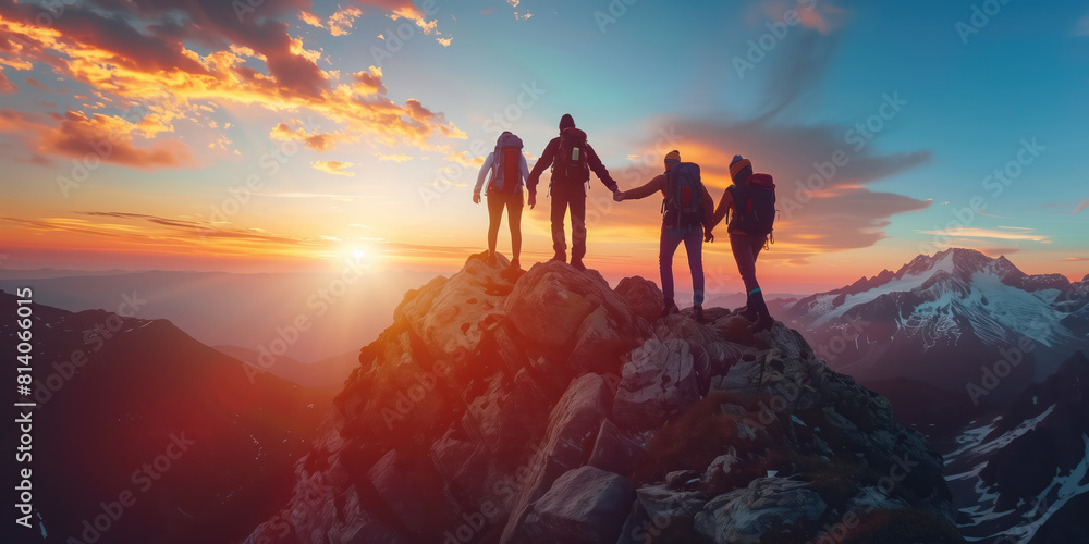 Panoramic view of team of people holding hands and helping each other reach the mountain top in spectacular mountain sunset landscape Panoramic view of team of people holding hands and helping each other reach the mountain top in spectacular mountain sunset landscape