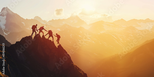 Panoramic view of team of people holding hands and helping each other reach the mountain top in spectacular mountain sunset landscape