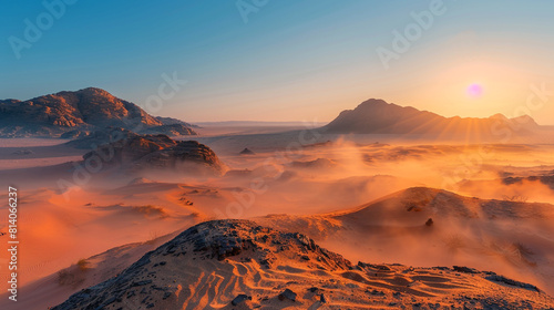Desert sunrise mist  warm sand tones blending into a clear morning blue