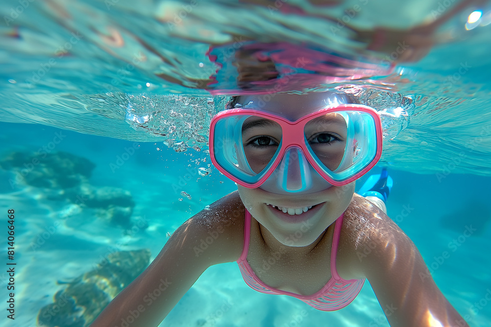 Naklejka premium Young Girl Swimming Underwater with Snorkel Mask