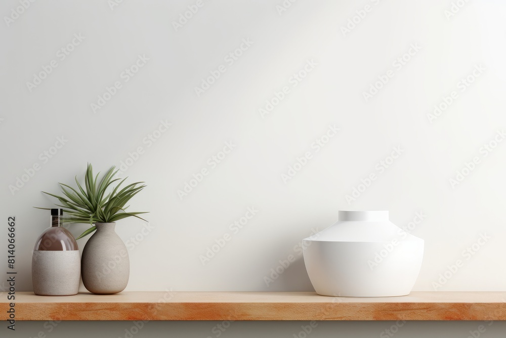 Clean scene for mock up product with copy white space on the wooden shelf. 