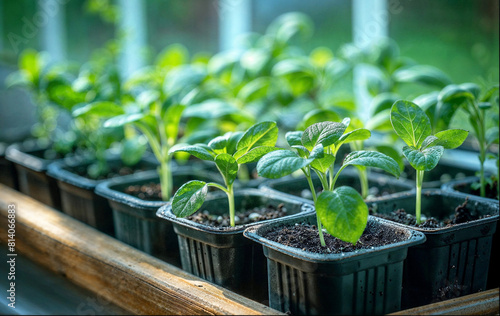 Seedlings growing in pots on sunny windowsill. © evdakovka