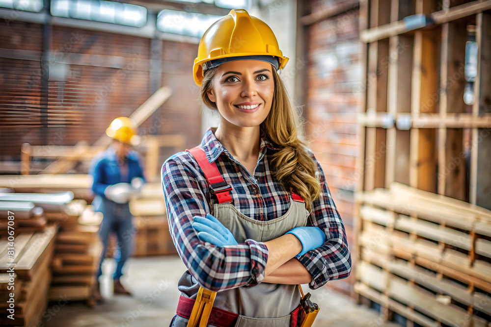 female construction worker standing with arms crossed in a warehouse female construction worker standing with arms crossed in a warehouse
