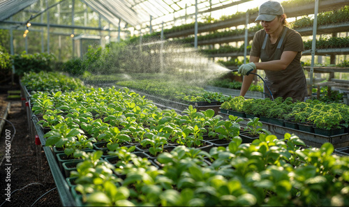 Gardener watering seedlings in a sunny modern greenhouse