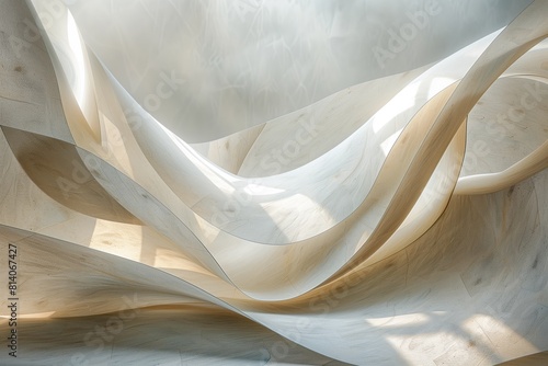 Warm light bathes the smooth curves of minimalist wooden architecture, creating an ethereal abstract space. AI Generated.