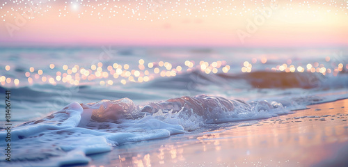 Pastel sky and gentle waves with twinkling lights, serenely lapping sandy shores.