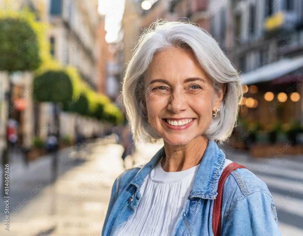 attractive smiling white haired mature woman posing in a city street looking at the camera attractive smiling white haired mature woman posing in a city street looking at the camera