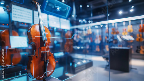 Elegant Display of Violins in a Modern Music Museum Exhibit with Interactive Digital Information Screens photo