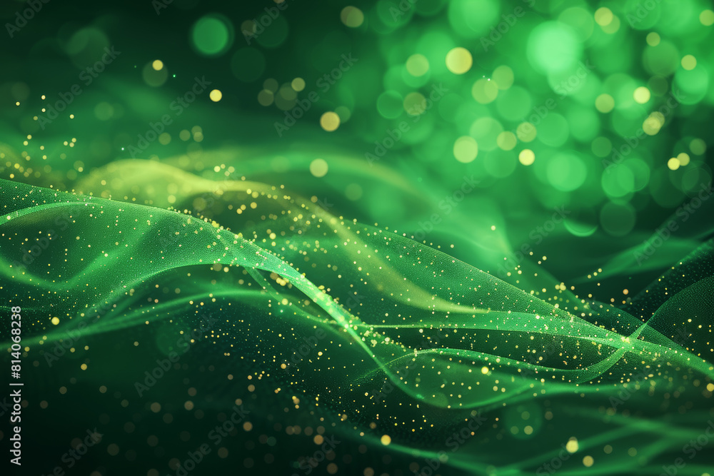 Curved green wave with bokeh lights, golden sparkles, shiny glitters particles on dark background. Artistic, Saint Patrick's Day, ecology concept for banner, background, digital art. Curved green wave with bokeh lights, golden sparkles, shiny glitters particles on dark background. Artistic, Saint Patrick's Day, ecology concept for banner, background, digital art.