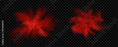 Spicy burst powder. Splashes of red pepper explosion. Overlay effect of chili or paprika spice splatters. Vector realistic illustration of hot, dried spices