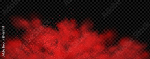 Spicy burst powder. Splashes of red pepper explosion. Overlay effect of chili or paprika spice splatters. Vector realistic illustration of hot, dried spices