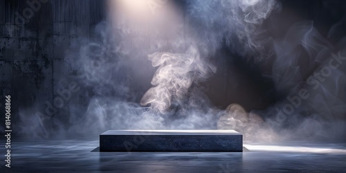 Dark podium with smoke and spotlight against concrete wall in empty room. Concept Stage Design, Dramatic Lighting, Urban Setting, Industrial Style, Minimalist Decor