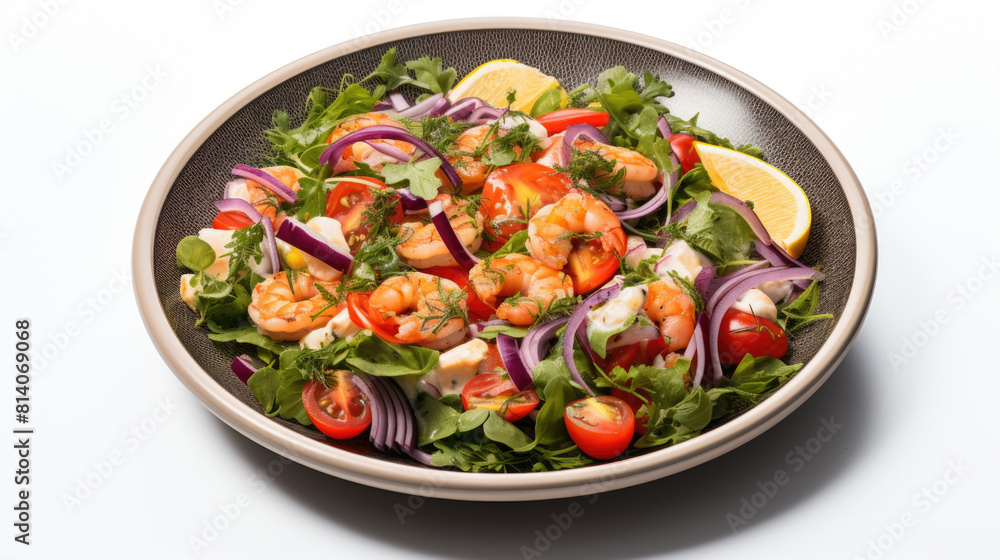Seafood salad with shrimps, tomatoes, onion, greens, in dark bowl, white background Seafood salad with shrimps, tomatoes, onion, greens, in dark bowl, white background