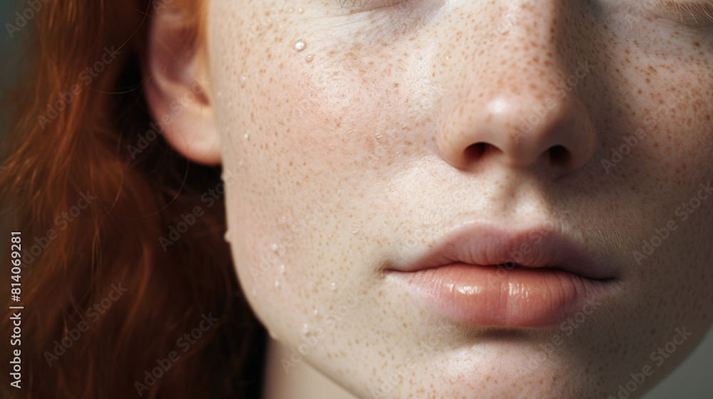 Fototapeta premium Detailed close up of young woman face with vibrant red hair and scattered freckles
