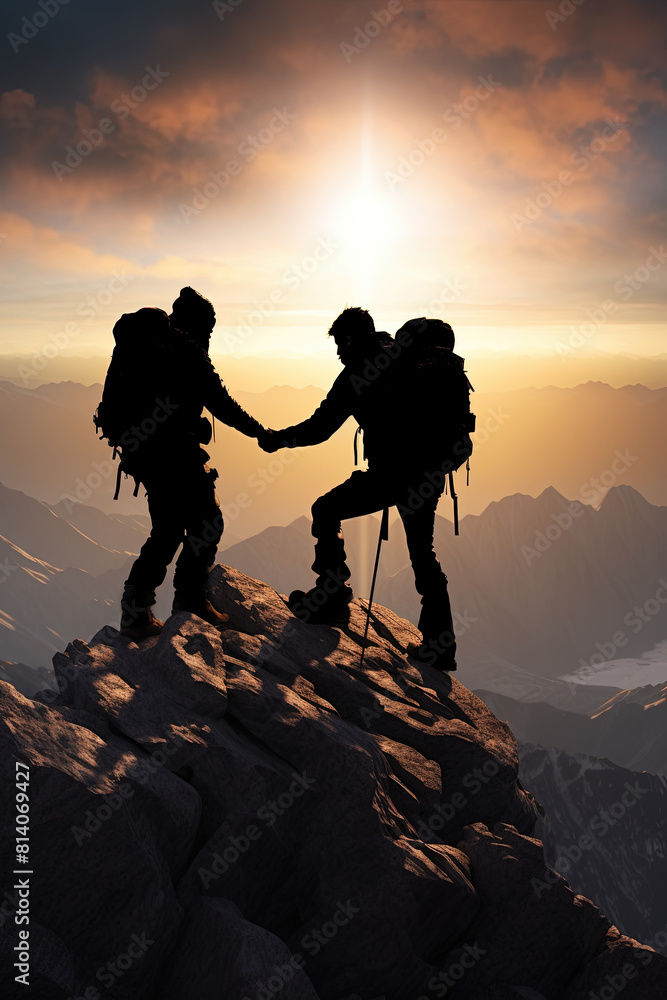 Hiker helping friend reach the mountain top