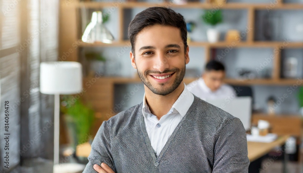 Fototapeta premium attractive smiling male office worker posing in office and looking at camera