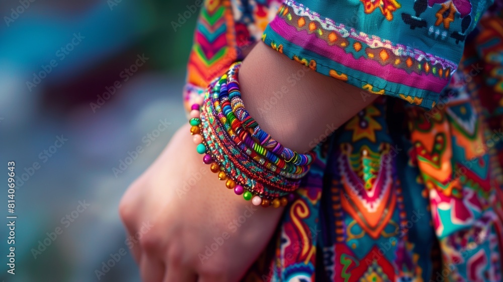 AI generated illustration of a hand adorned with a vibrant, multicolored bracelet