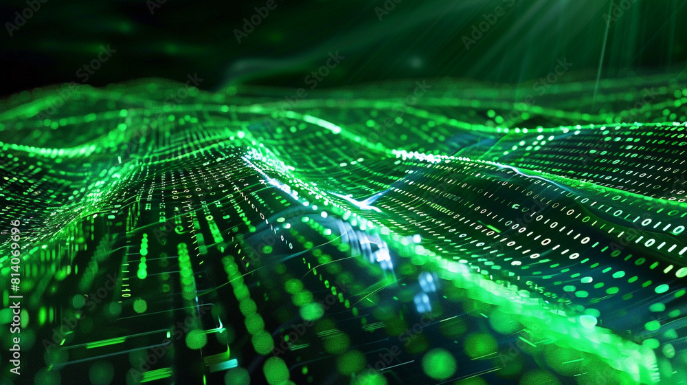Digital tsunami, a massive wave of green matrix code overwhelming the dark Digital tsunami, a massive wave of green matrix code overwhelming the dark