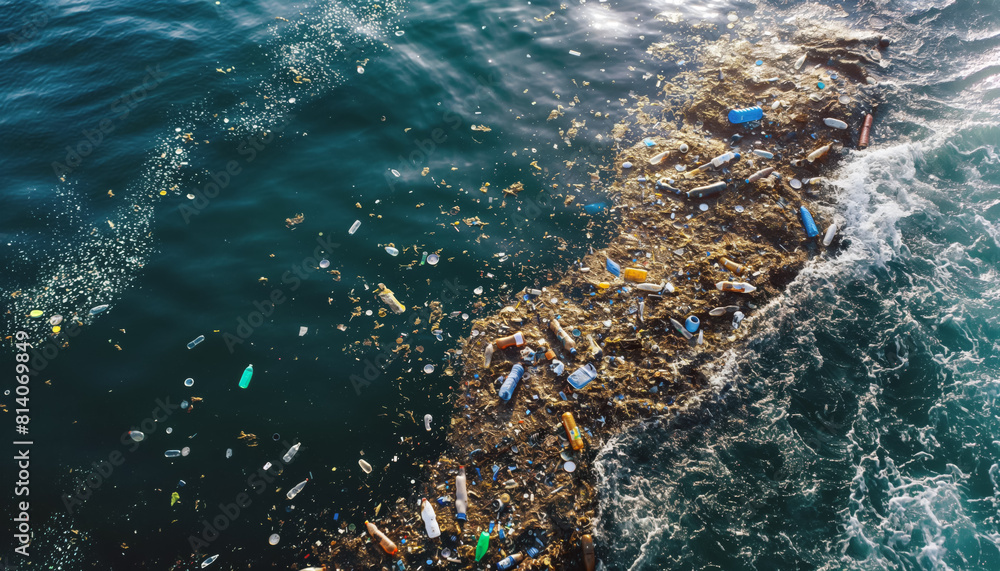 Obraz premium Various rubbish and garbage, mostly plastic floating on sea surface. View from above. Ocean great garbage patch concept. Generative AI