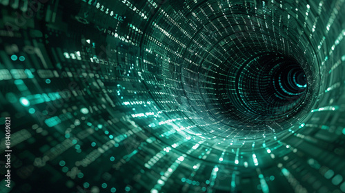 Digital vortex, a twisting funnel of matrix code plunging into darkness