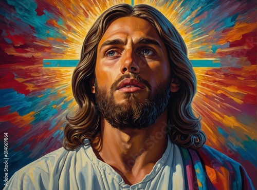 Modern Illustration of Jesus Christ with flowing long hair and beard wearing a shirt surrounded by a vibrant colorful background