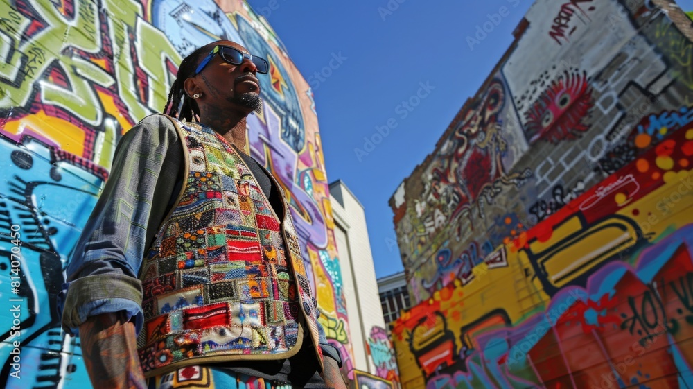 Fototapeta premium Artist in a patchwork vest against a graffiti wall, art district,