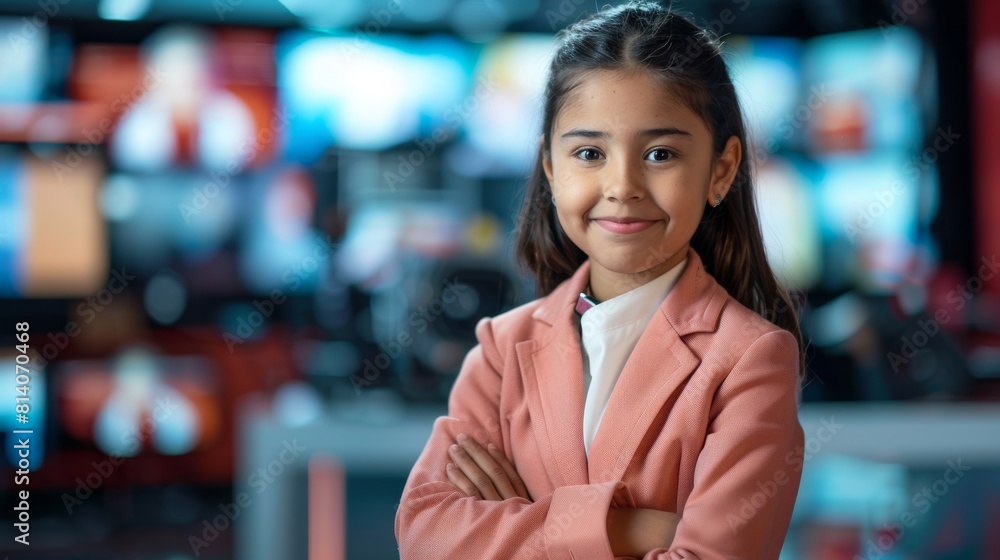 Smiling Hispanic News Anchor Girl Posing for Camera Generative AI Smiling Hispanic News Anchor Girl Posing for Camera Generative AI