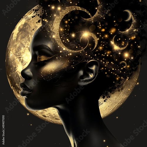 Lunar Glow Illustrate a Black queen with a luminous, smooth complexion, her hair adorned with moonlike silhouettes, against a pale, moonlit gradient background photo