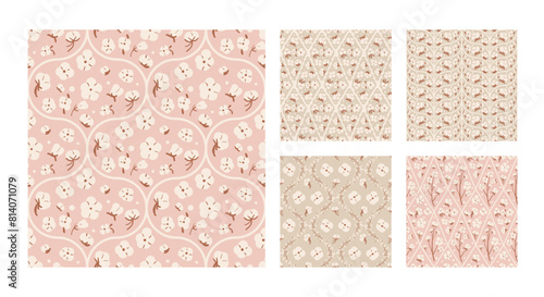 Cotton flower plant seamless patterns collection. Branches and ripe cotton bolls endless background set. Damask, rhombus and braid knit repeat covers. Vector flat hand drawn illustration.