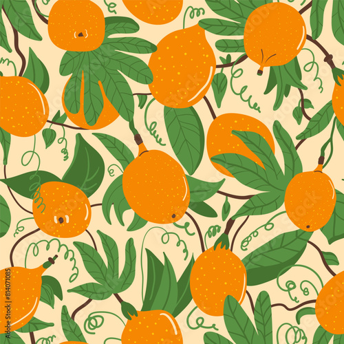 Sweet granadilla seamless pattern. Tropical fruits endless background. Yellow passion fruit repeat cover. Exotic passiflora ligularis loop ornament tile. Vector hand drawn flat illustration.