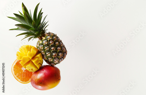 Fresh Floating Pineapple, Oranges, and Mango isolated on the background with Space For Text