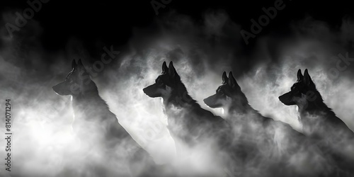 Phobia of a pack of dogs in a foggy black and white setting. Concept Phobia, Dogs, Pack, Fog, Black and White photo