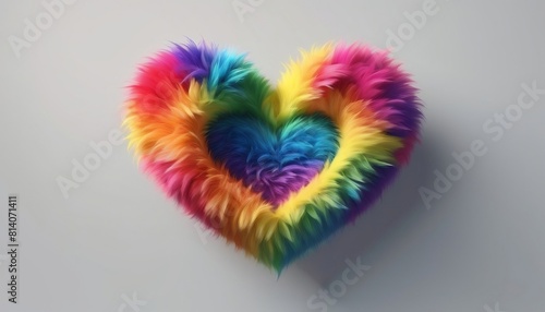 isolated rainbow furry heart on a transparent background for LGBTQIA+ Pride month celebration. Cut out object in 3D illustration created with generative ai. photo