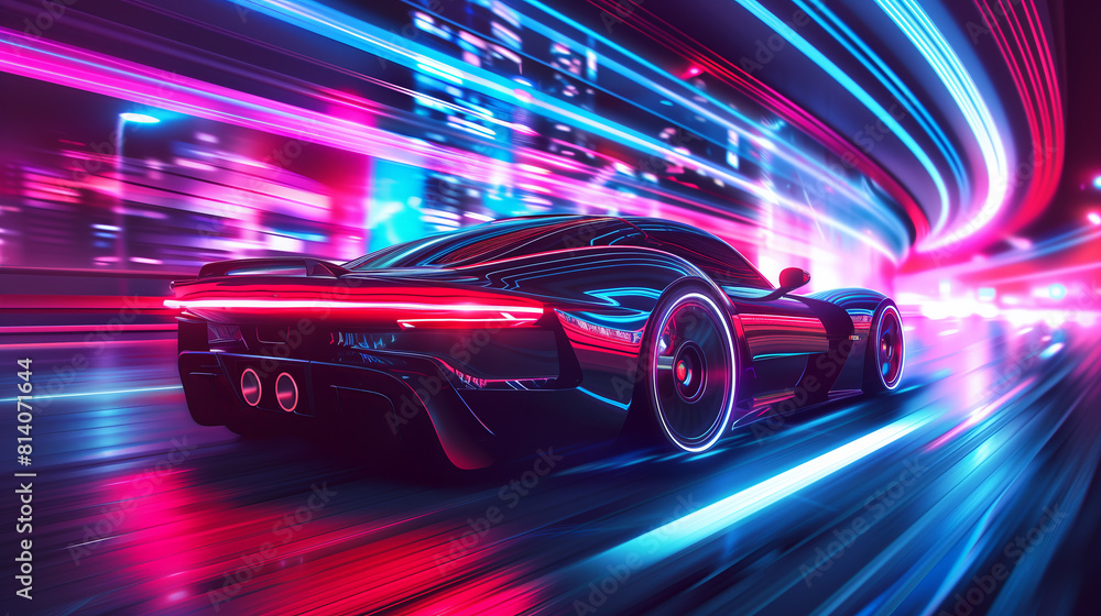 dynamic scene, a futuristic car speeds through a neon-lit cyber city backdrop dynamic scene, a futuristic car speeds through a neon-lit cyber city backdrop