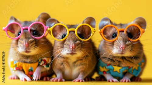 A lively bunch of mice don funky, mismatched outfits in a creative animal concept. Isolated against a bright background, they bring a wacky and wild vibe to any occasion