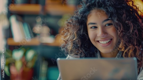 Cheerful Latin female student with curly hair using laptop and tablet at home realistic close-up elearning theme water color Triadic Color Scheme