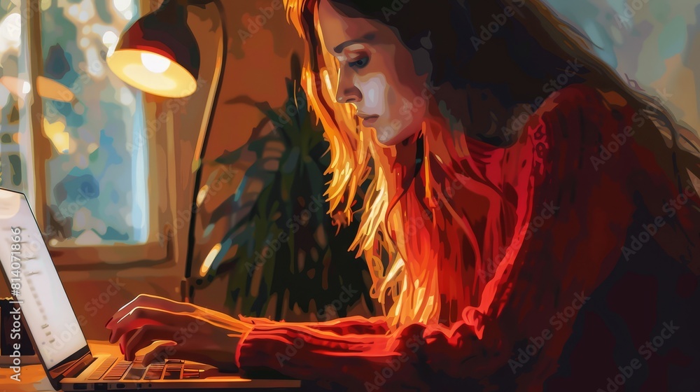 Fototapeta premium Female Latin employee using laptop in home office hyper realistic close-up focused work theme digital painting vivid