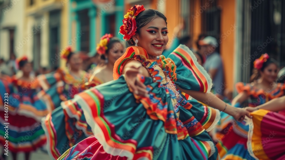 Vibrant Mexican Women Dancing in Traditional Attire Generative AI Vibrant Mexican Women Dancing in Traditional Attire Generative AI