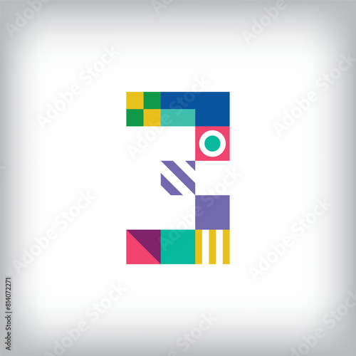 Creative number 3 logo with geometric shapes. Creative educational colorful graphics. Vector