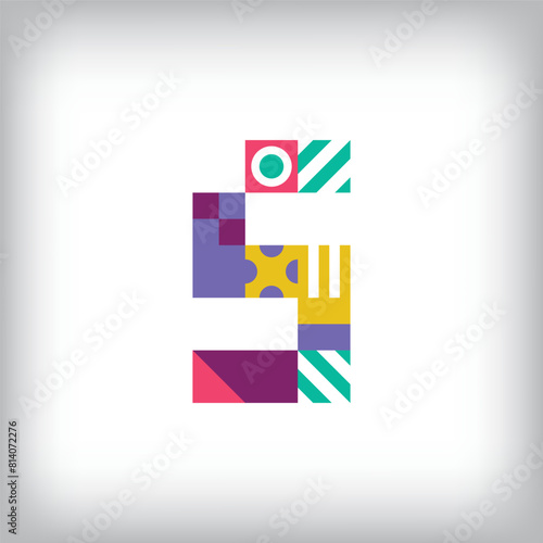 Creative number 5 logo with geometric shapes. Creative educational colorful graphics. Vector