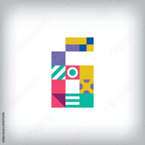 Creative number 6 logo with geometric shapes. Creative educational colorful graphics. Vector