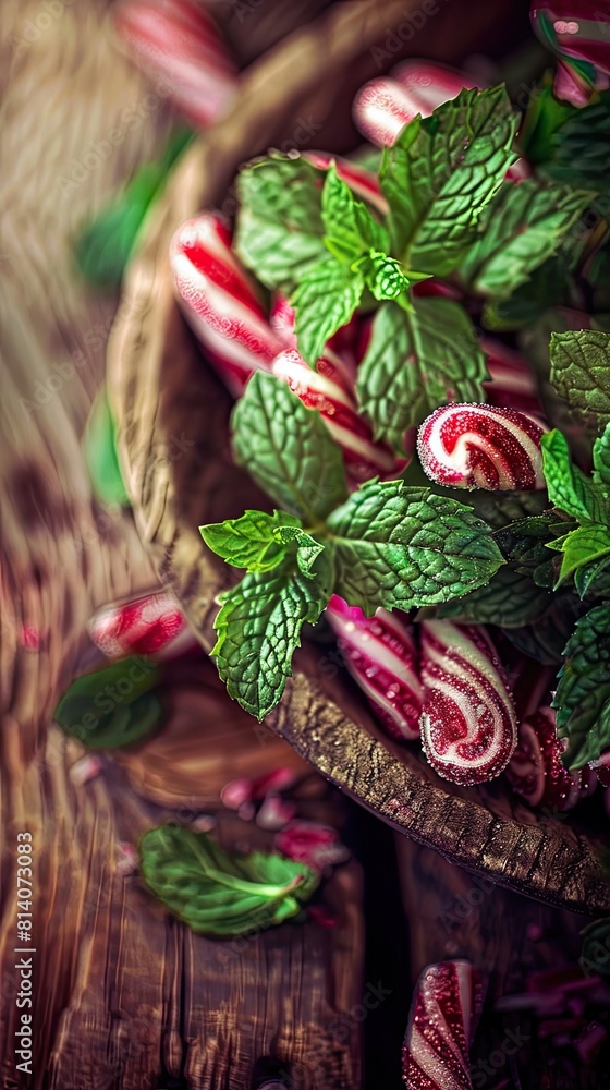 Fototapeta premium fresh peppermint leaves arranged in a wooden bowl, with ample space for accompanying text or messaging.